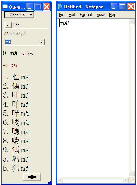 Gõ mã/ trong Notepad sẽ thấy hiện ra các chữ Hán trong hộp QLHN