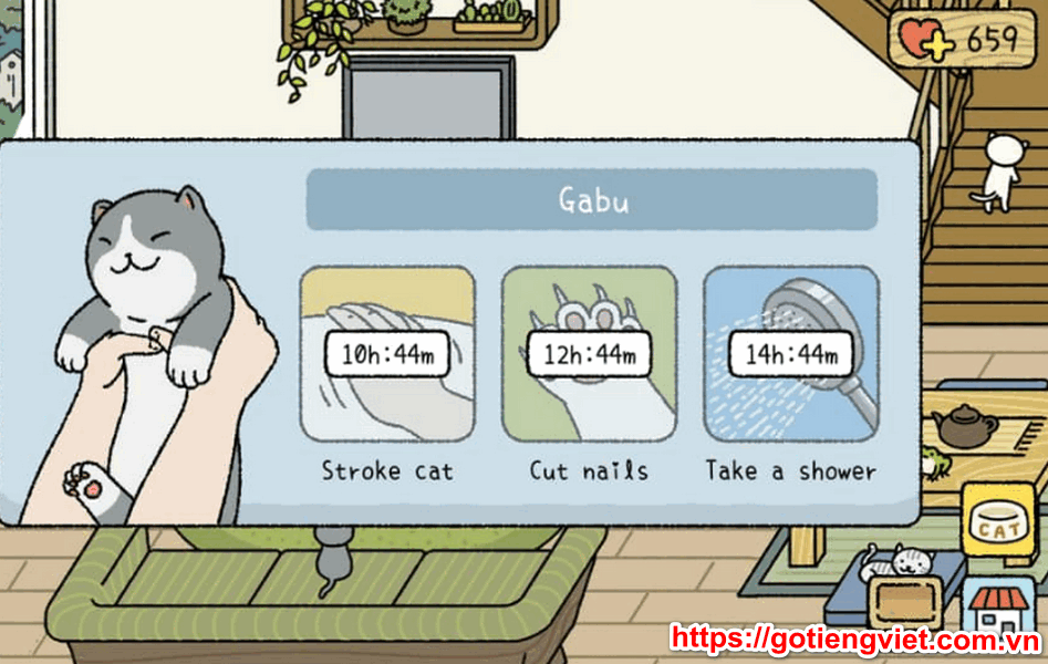 các hành động như: Vuốt ve, cắt móng hoặc tắm cho mèo cũng sẽ giúp bạn tăng được Love trong game.